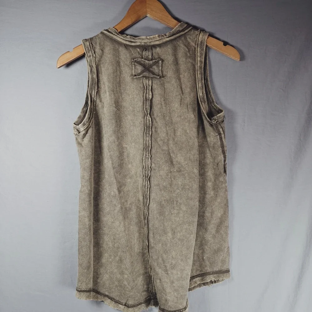 Zenana Sleeveless Henley Mineral Wash CottonTank Top Mocha Brown TTW-5251Y L - Picture 2 of 7